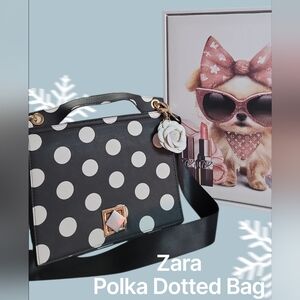 Zara Black and White Polka Dot Women's Top Handle Crossbody Bag With Free Canvas